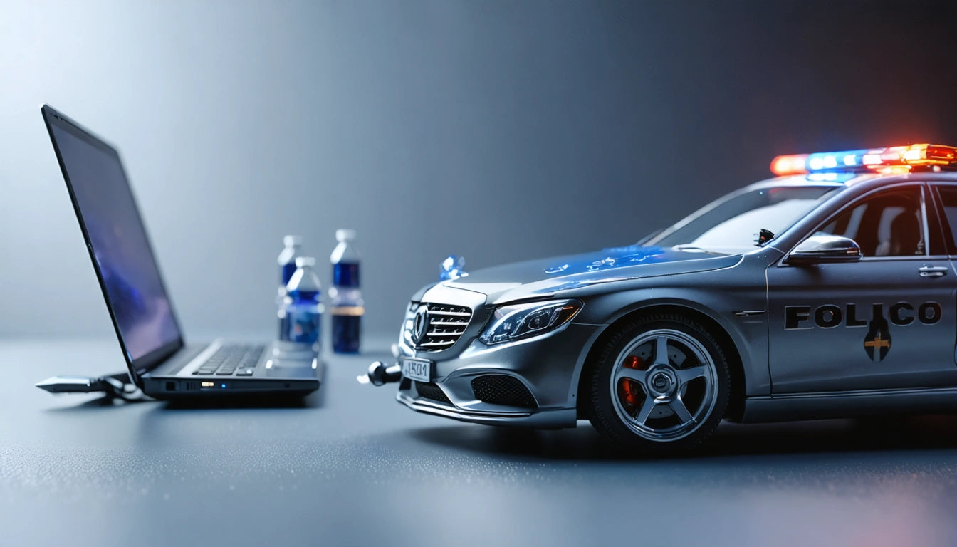 Laptop open on desk beside a toy police car with flashing lights; two water bottles blurred in the background