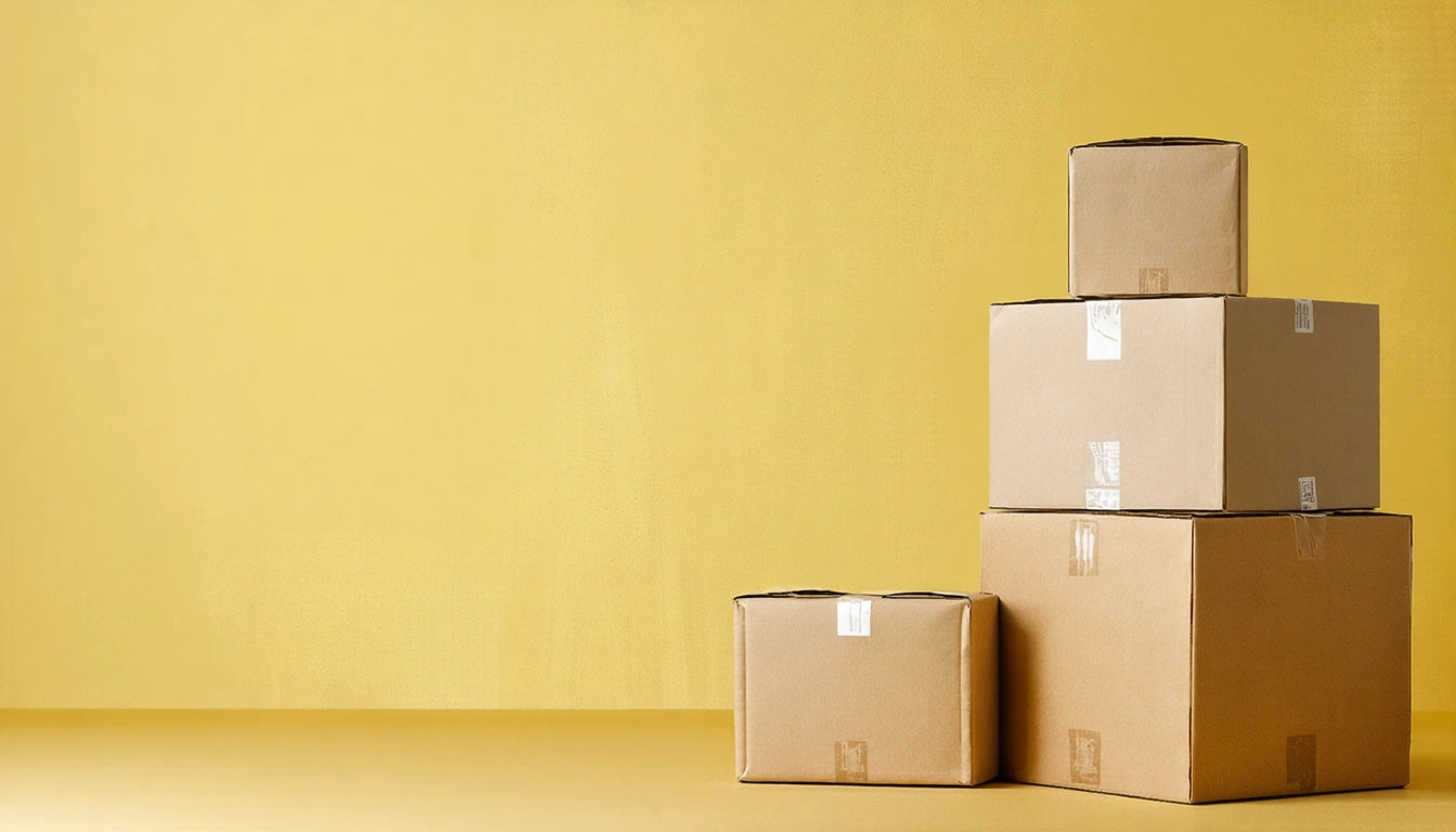 Four stacked cardboard boxes against a plain yellow background