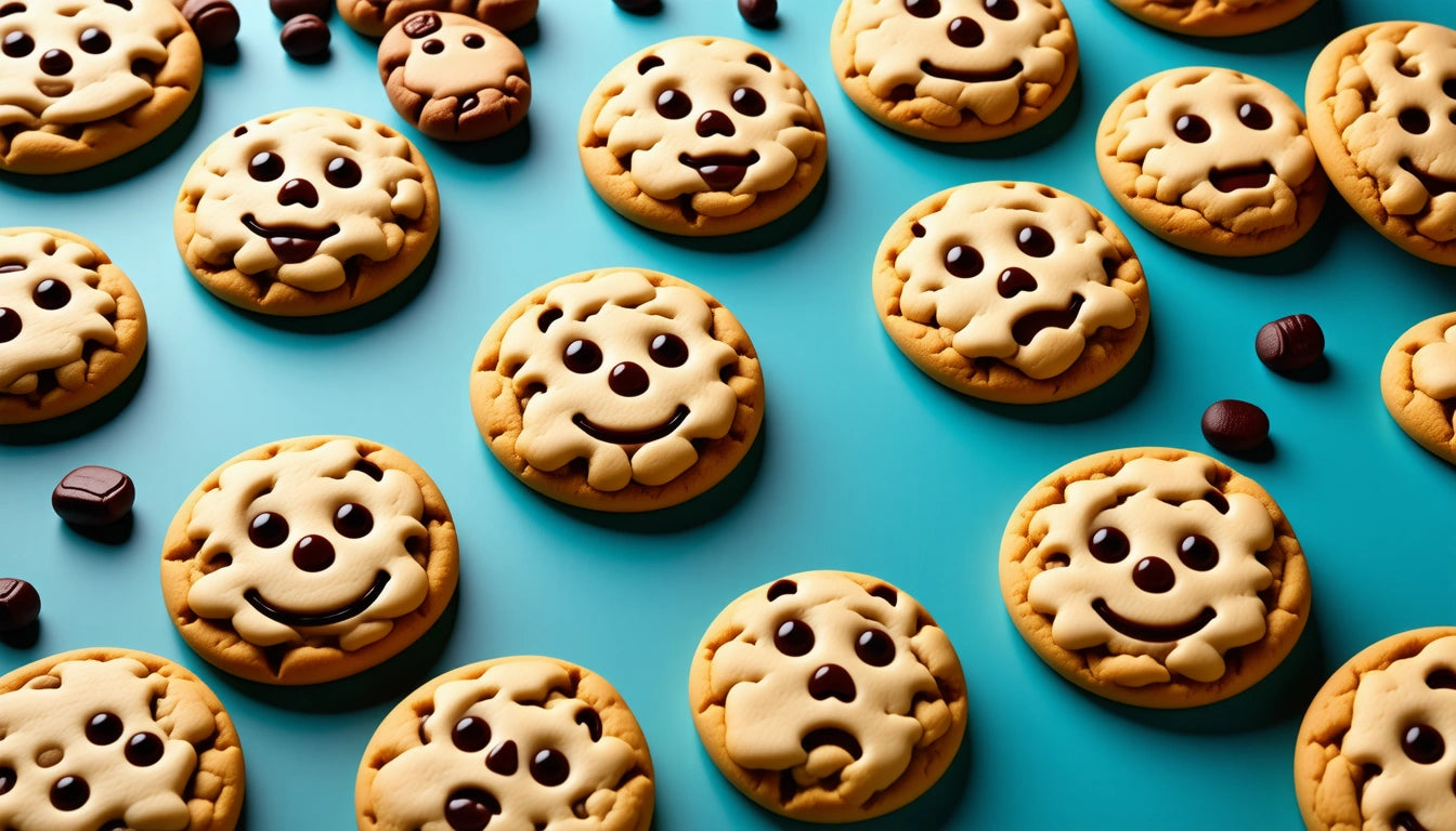 Smiling and surprised face cookies with chocolate chips on a turquoise background