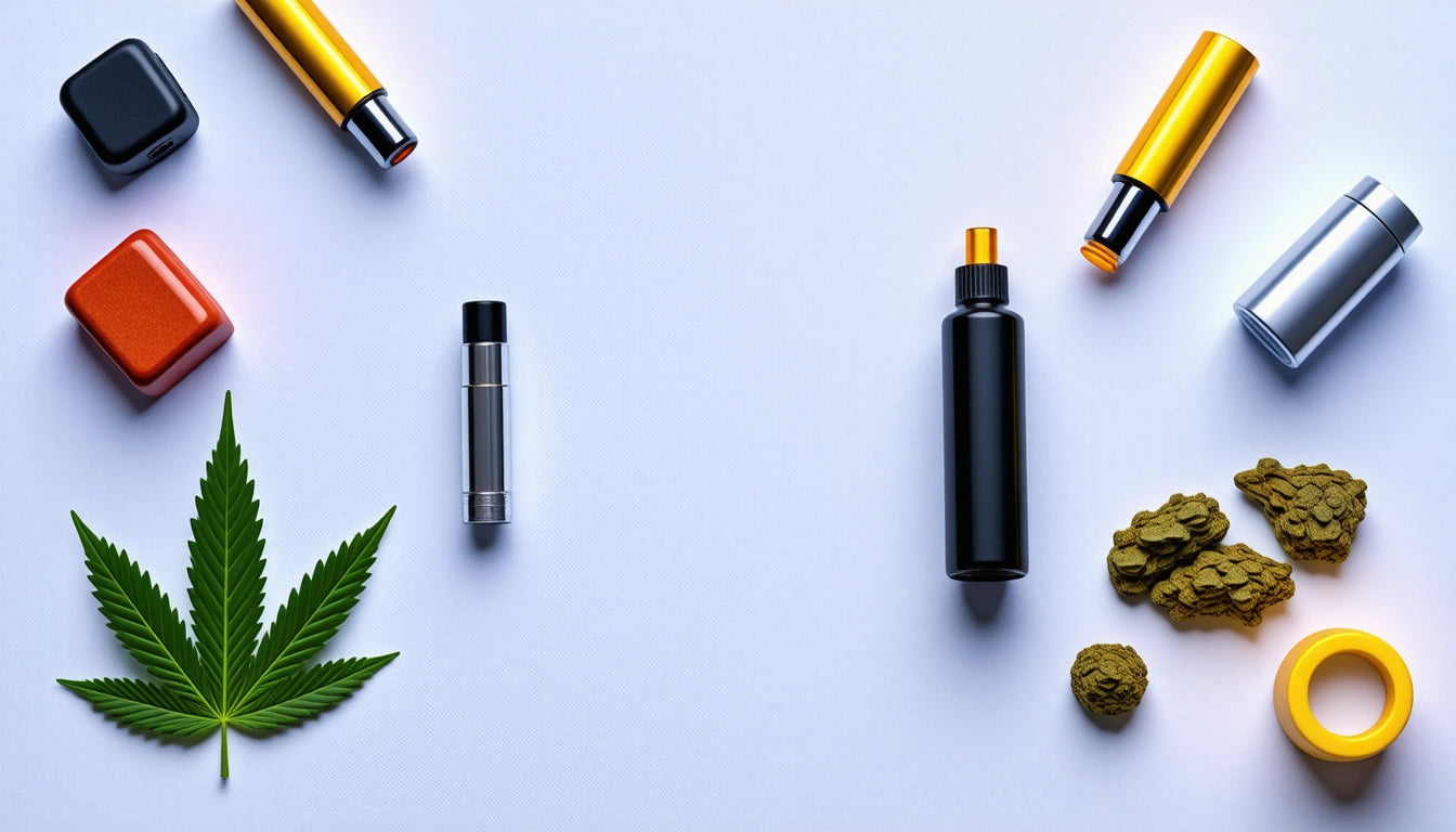 Cannabis leaf, vape pen, and cannabis buds on white surface with colorful vape cartridges scattered around