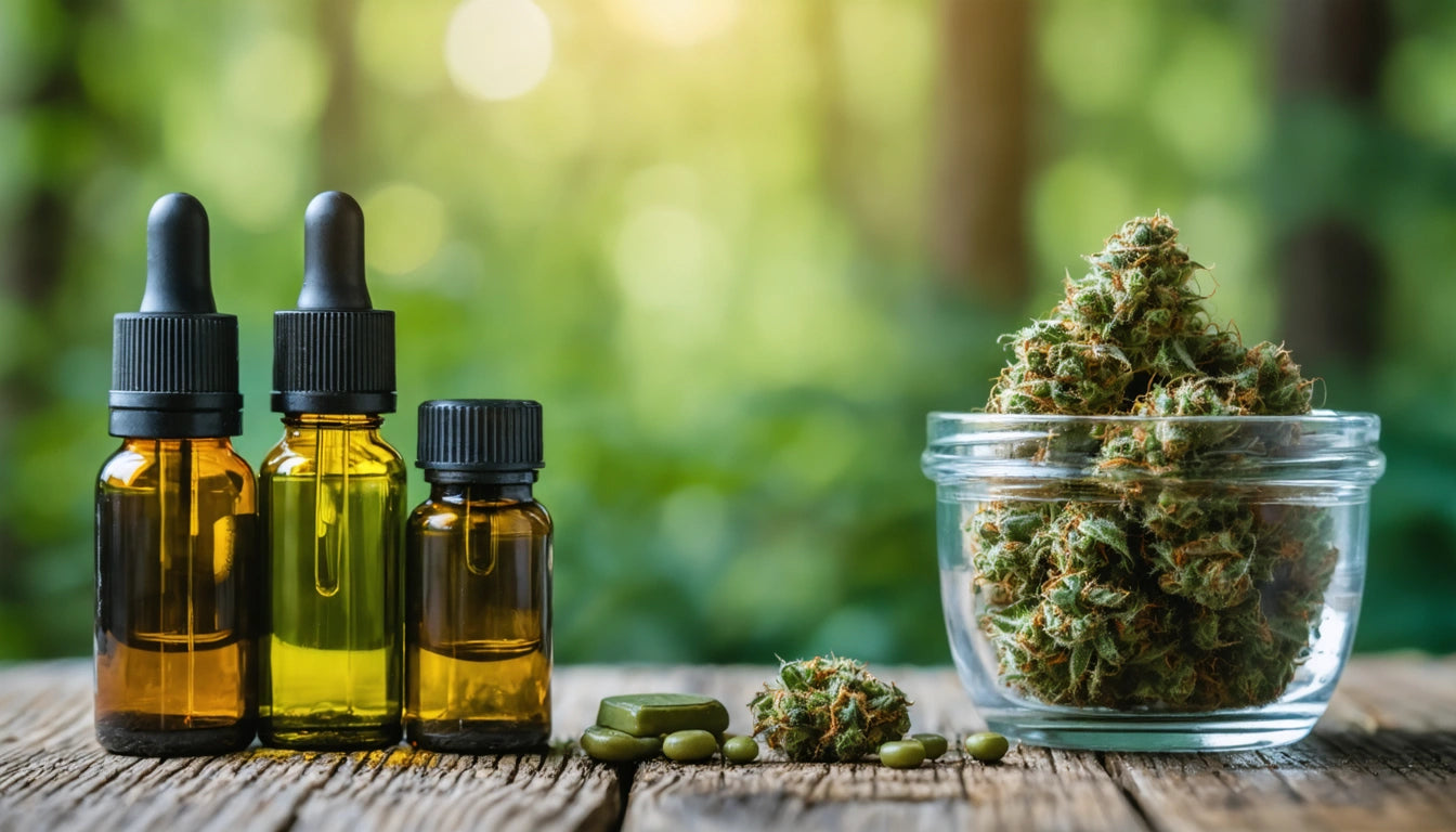 Three amber dropper bottles and a small jar of green buds on a wooden surface, with blurred greenery in the background