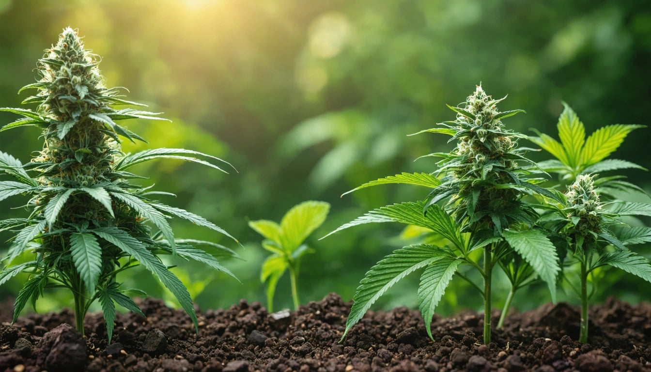Two leafy plants with buds in soil, smaller plant between them, sunlight filtering through green blurred background