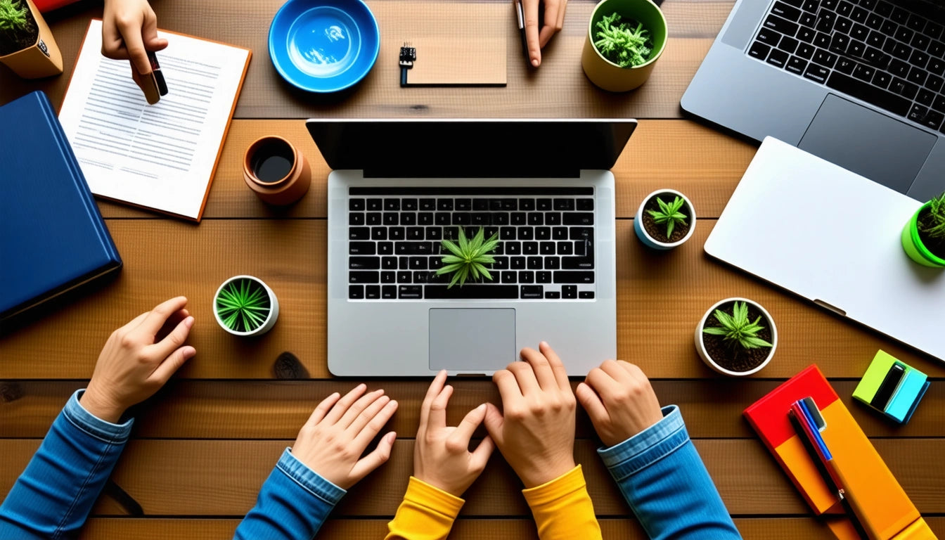 Hands typing on a laptop surrounded by small potted plants, notebooks, a smartphone, and a blue bowl on a wooden table