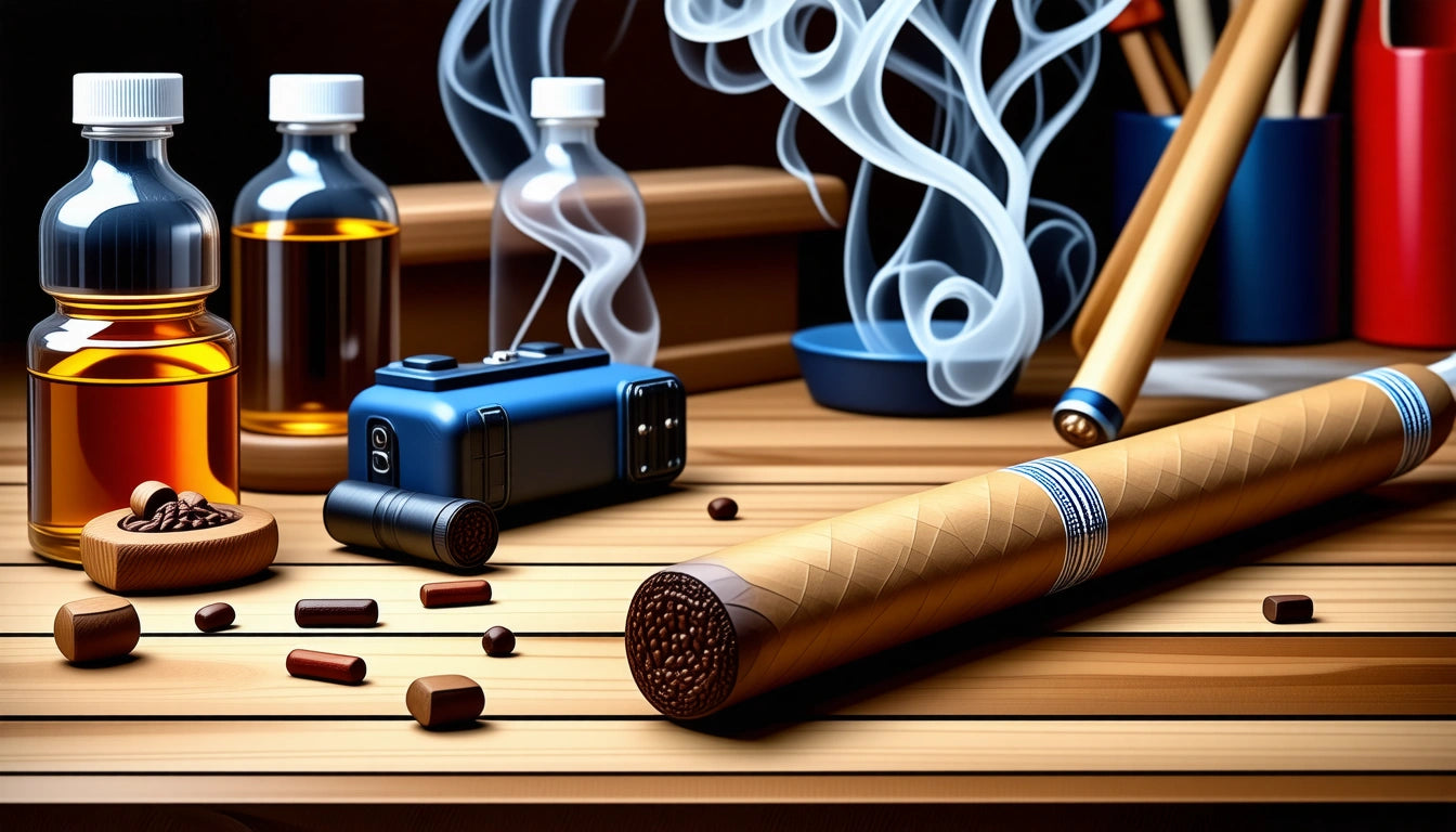 Cigar, camera, and bottles on wooden table with smoke rising, surrounded by scattered capsules and beans