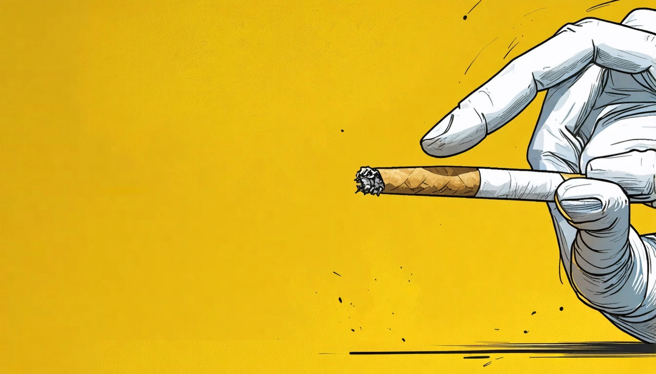 Gloved hand holding a lit cigarette against a bright yellow background, with ash falling