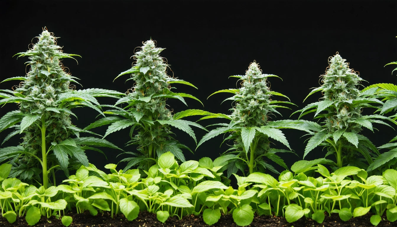 Four tall, leafy plants with dense clusters, surrounded by smaller green plants, set against a black background