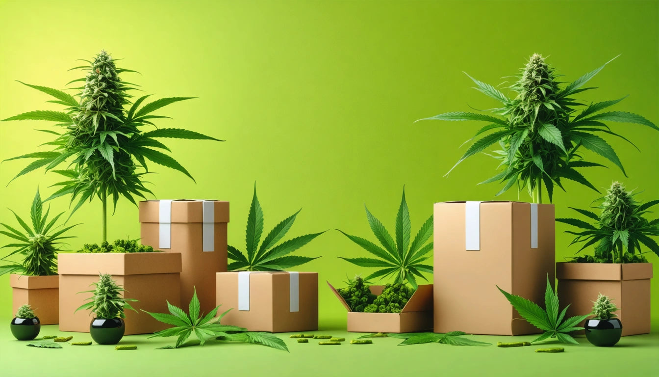 Cardboard boxes and black pots with large cannabis plants and leaves against a bright green background