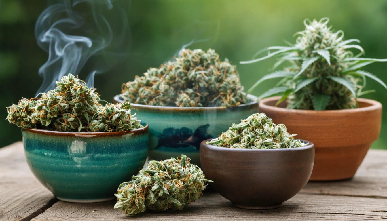 Four bowls filled with green, leafy buds on a wooden surface; one bowl has smoke rising, and a plant is in the background