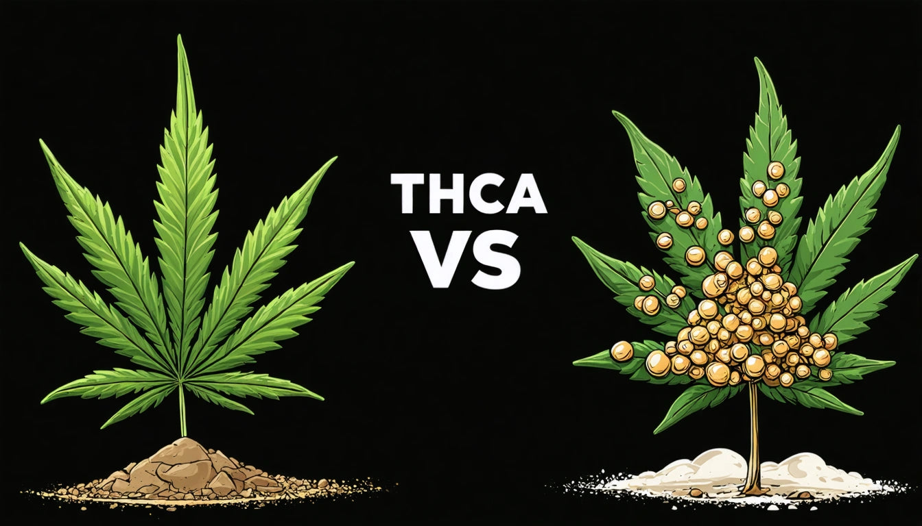 Two green cannabis leaves on black background; left leaf on soil, right leaf with golden spheres and white powder. "THCA VS" text in center