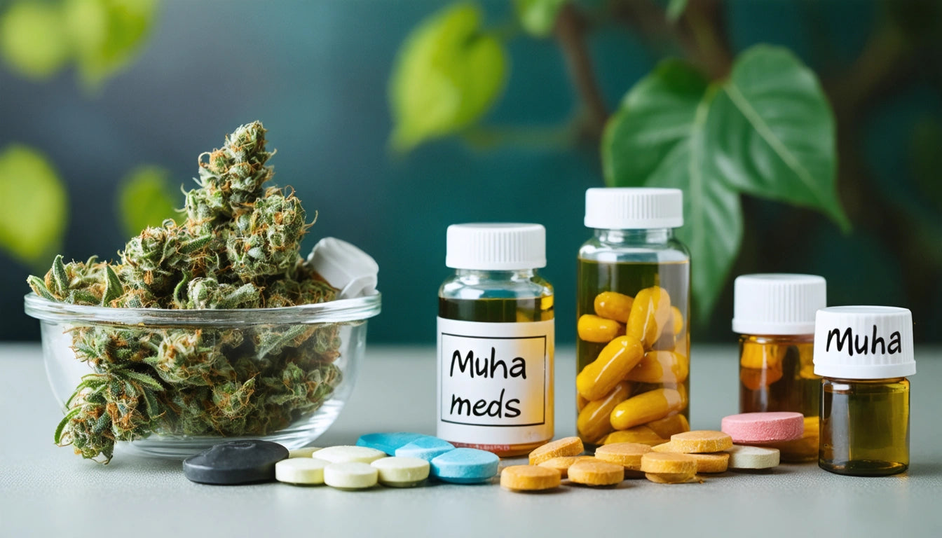 Glass bowl with green buds, bottles with pills and liquid, colorful tablets on table, leafy plant in blurred background