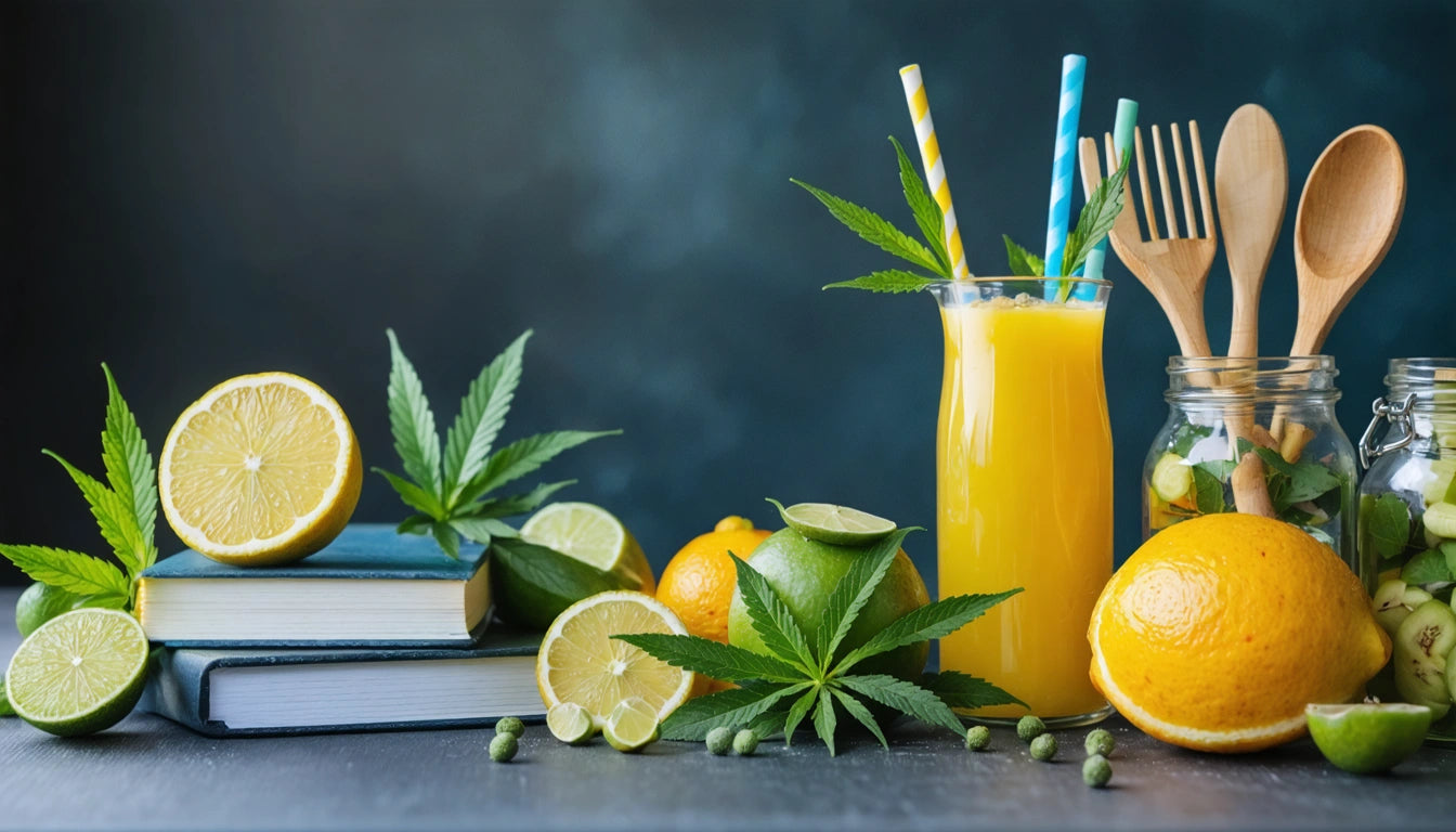 Lemon slices, cannabis leaves, and wooden utensils beside a glass of orange juice with straws on a dark surface