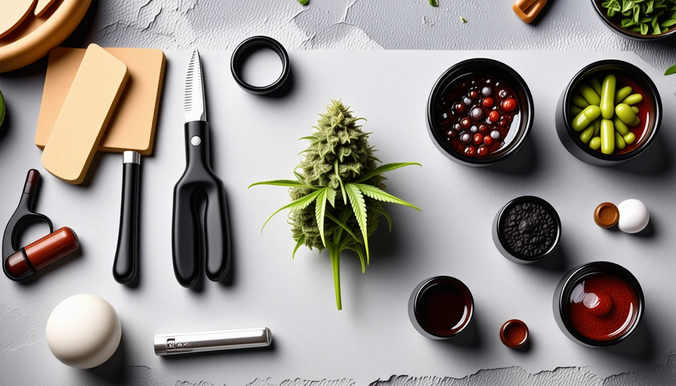 Scissors, serrated knife, and various small bowls with berries, seeds, and liquids on a textured gray surface