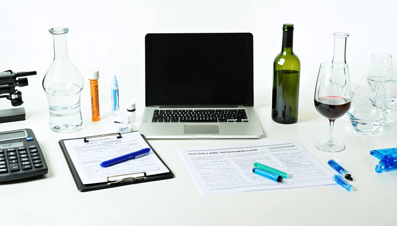 Laptop on white desk surrounded by clipboard, pens, calculator, microscope, wine bottle, glass, and various bottles