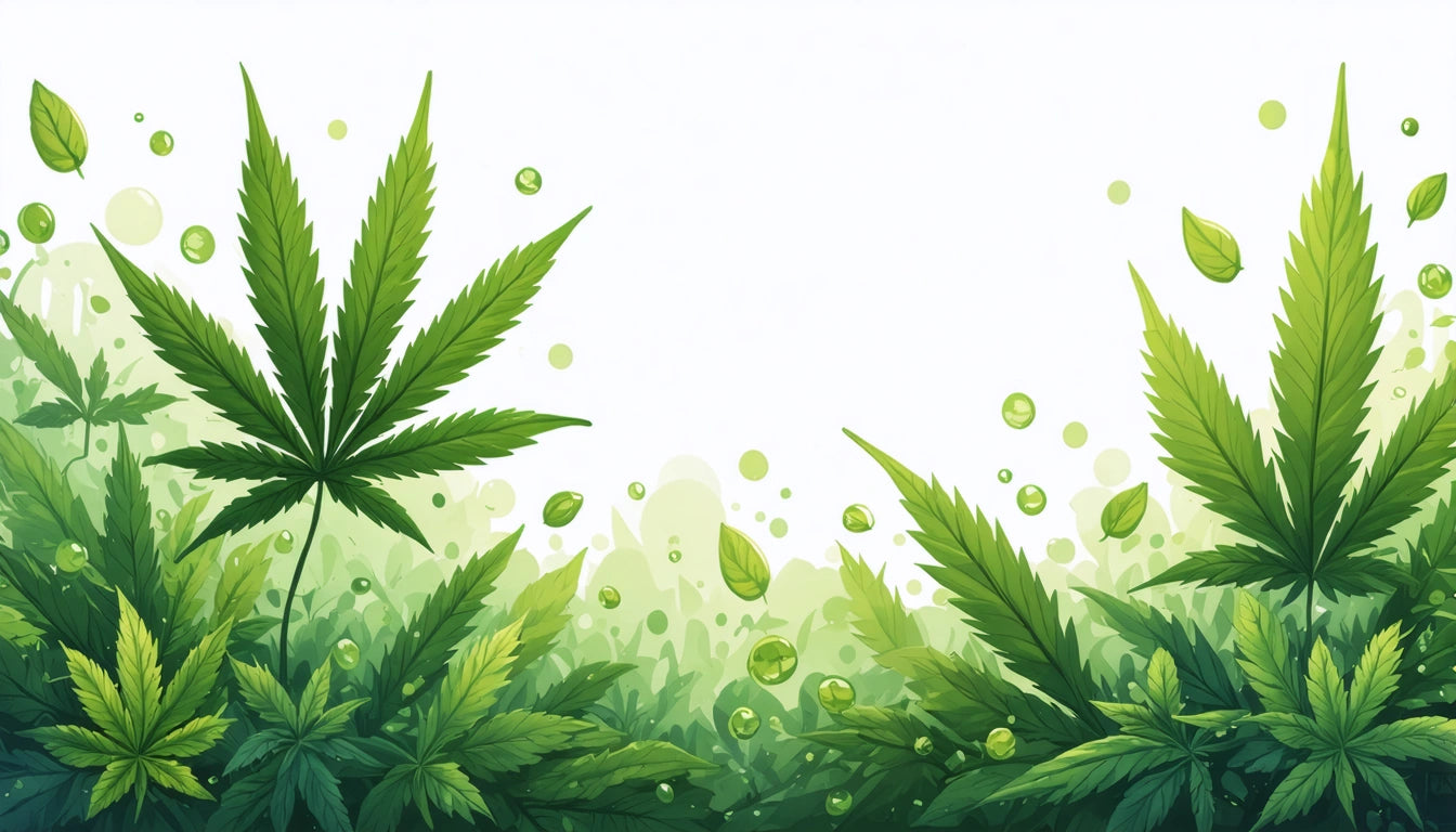 Green leaves with serrated edges and small bubbles scattered on a white background