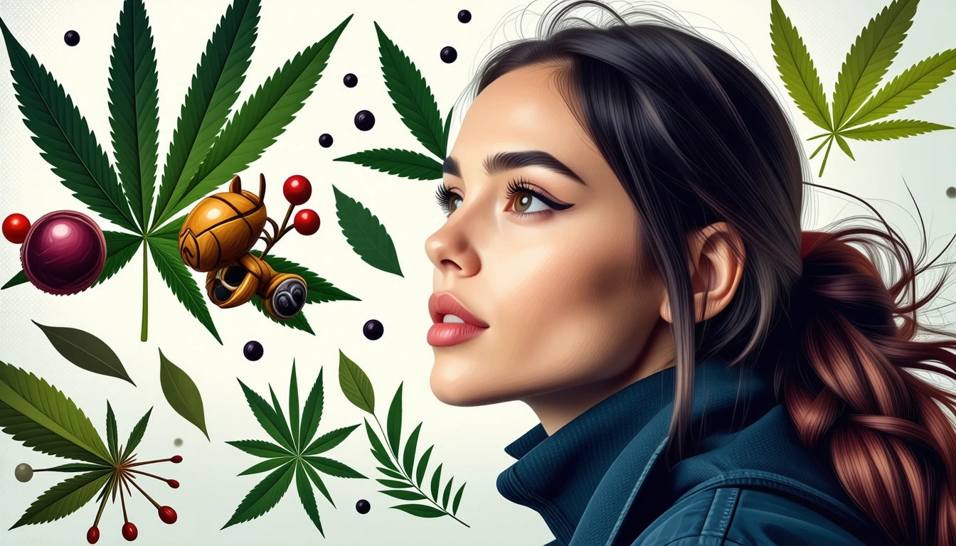 Woman with long hair in a blue jacket looking up, surrounded by large green leaves, small berries, and a bee