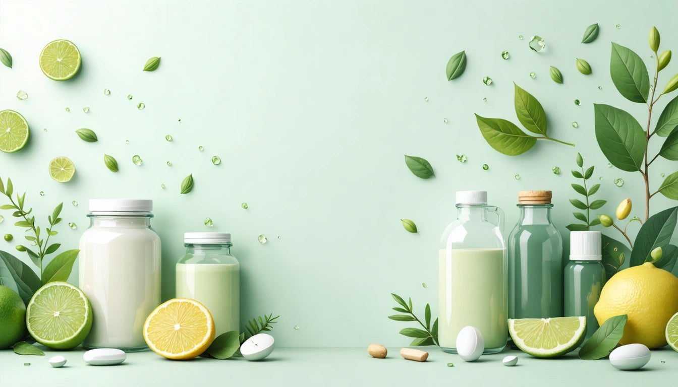 Various green and clear bottles with citrus fruits, leaves, and scattered pills on a light green background