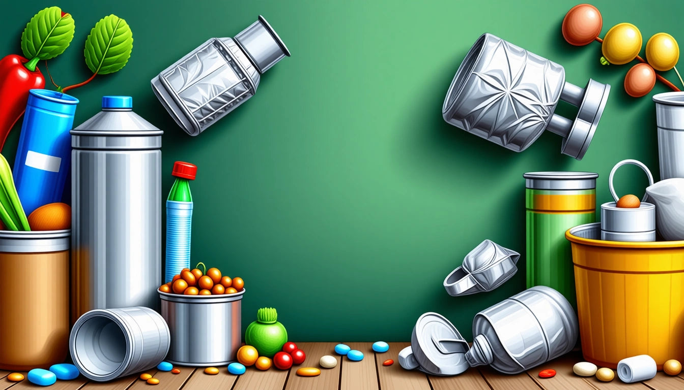 Assorted cans, bottles, and pills scattered on wooden surface against a green background