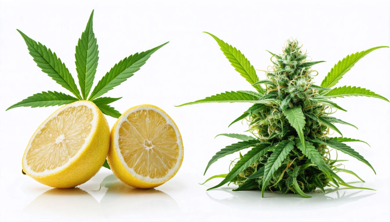 Two lemon halves next to a green plant with pointed leaves and a dense, spiky cluster