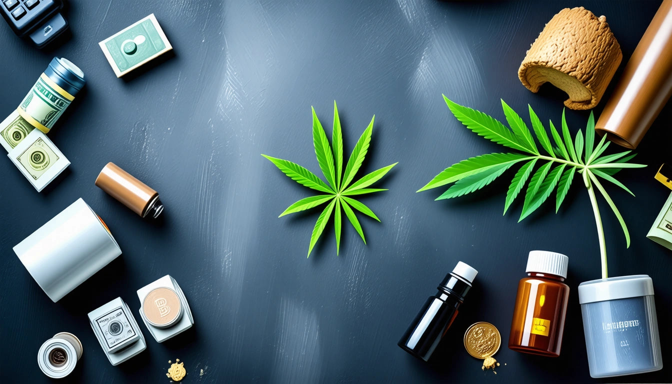 Various cannabis leaves, bottles, and containers scattered on a dark surface with rolled bills and a wooden block