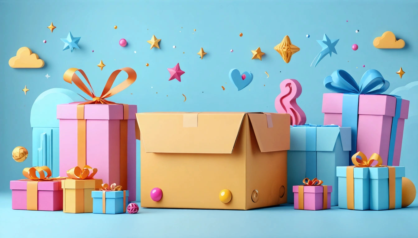Colorful gift boxes with ribbons and bows, a large open cardboard box, stars, and hearts on a blue background