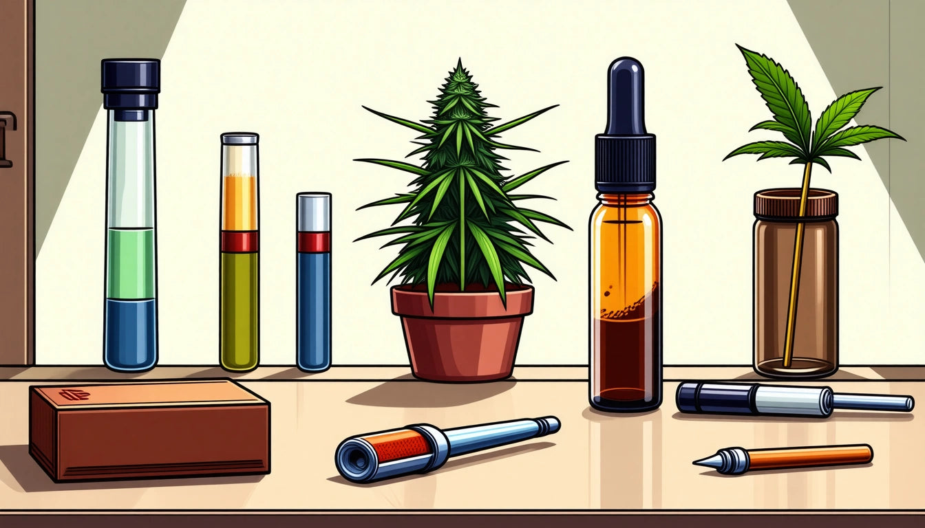 Test tubes, potted plant, dropper bottle, vape pen, and box on a table with a light background