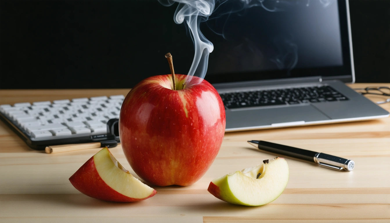 Red apple with smoke rising, two apple slices, laptop, keyboard, and pen on wooden surface
