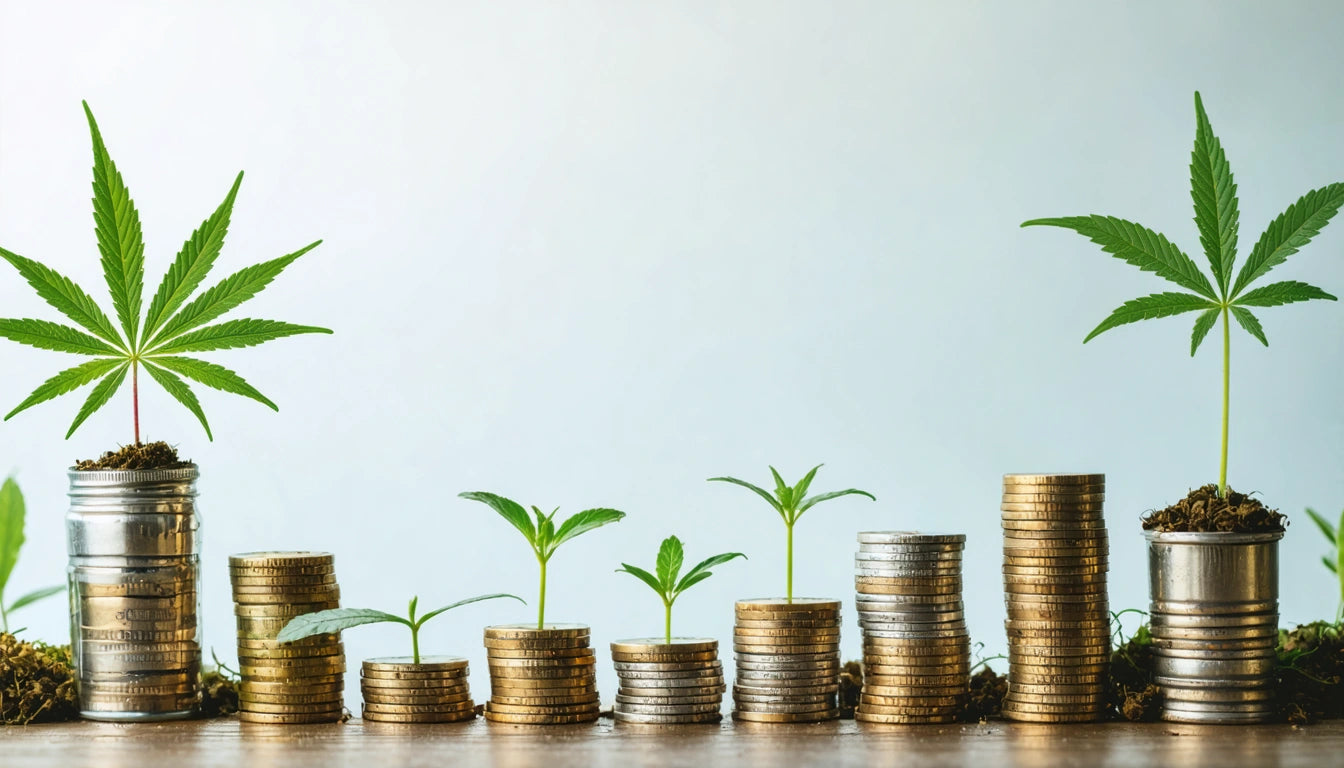 Stacks of coins with small green plants growing from them, increasing in height from left to right