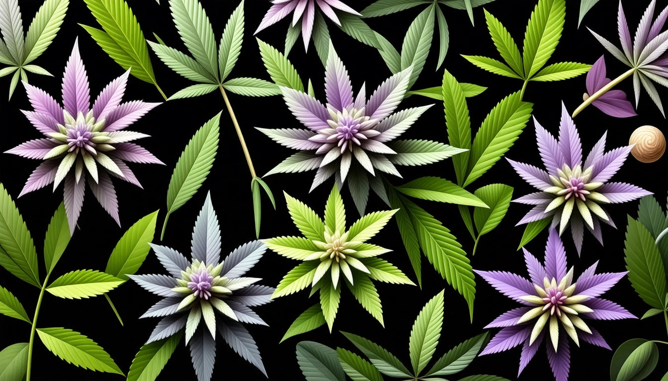 Colorful, symmetrical star-shaped flowers and green leaves on a black background, with a small snail in the corner