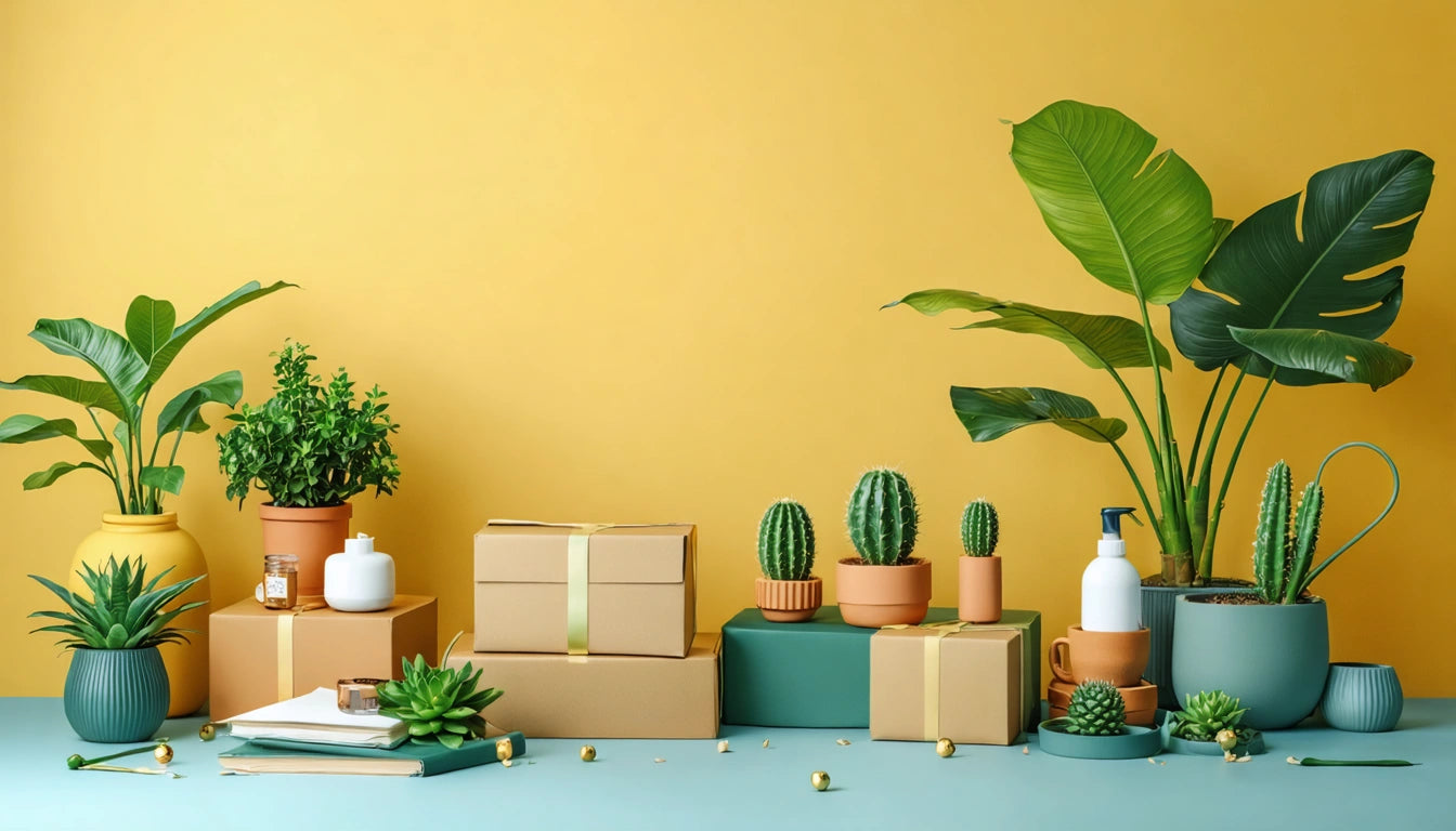 Potted plants and cacti on a blue surface, surrounded by gift boxes and small decorative items against a yellow background