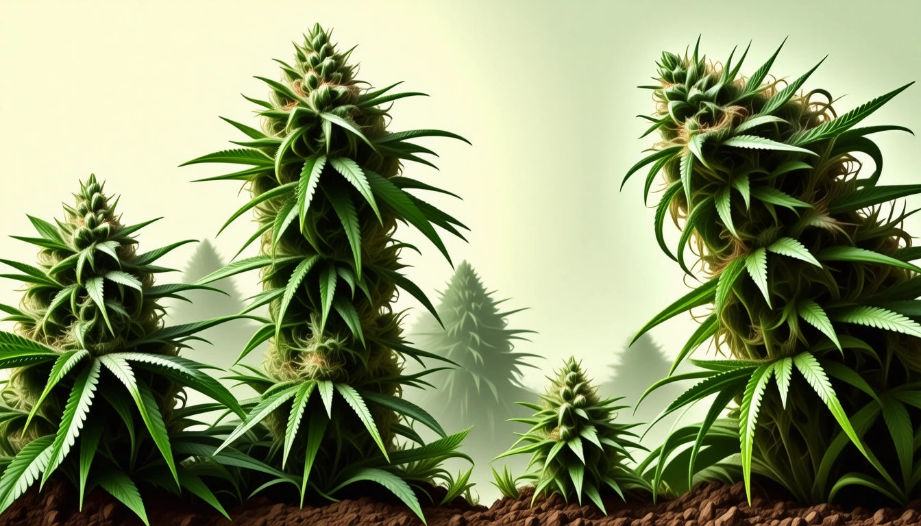 Tall, dense green plants with spiky leaves and buds, set against a soft, hazy background with earthy soil in the foreground