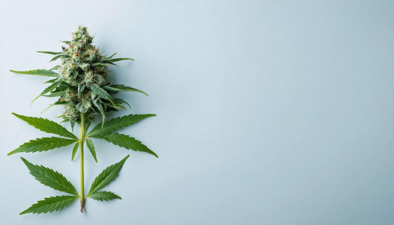 Green cannabis leaves and bud on a light blue background, arranged diagonally