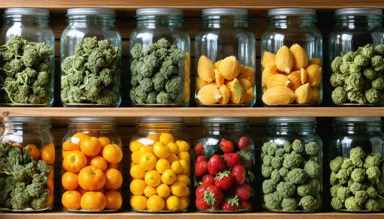 Glass jars on wooden shelves filled with green buds, yellow fruits, oranges, strawberries, and more green buds
