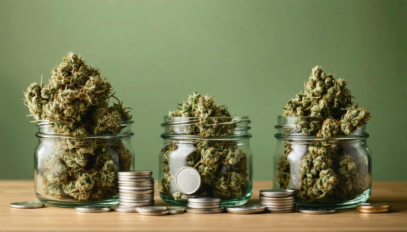 Three glass jars filled with green plant buds, surrounded by stacks of silver coins on a wooden surface, green background