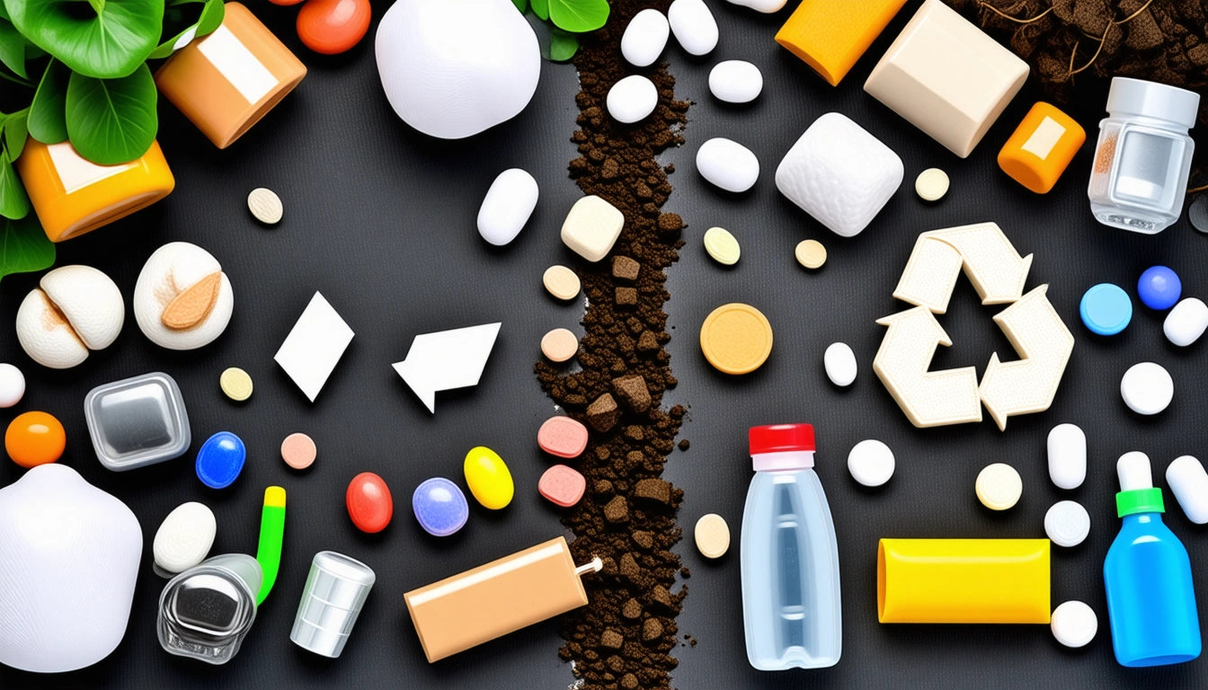 Various pills, bottles, and containers scattered on a dark surface with a soil-like texture dividing the image