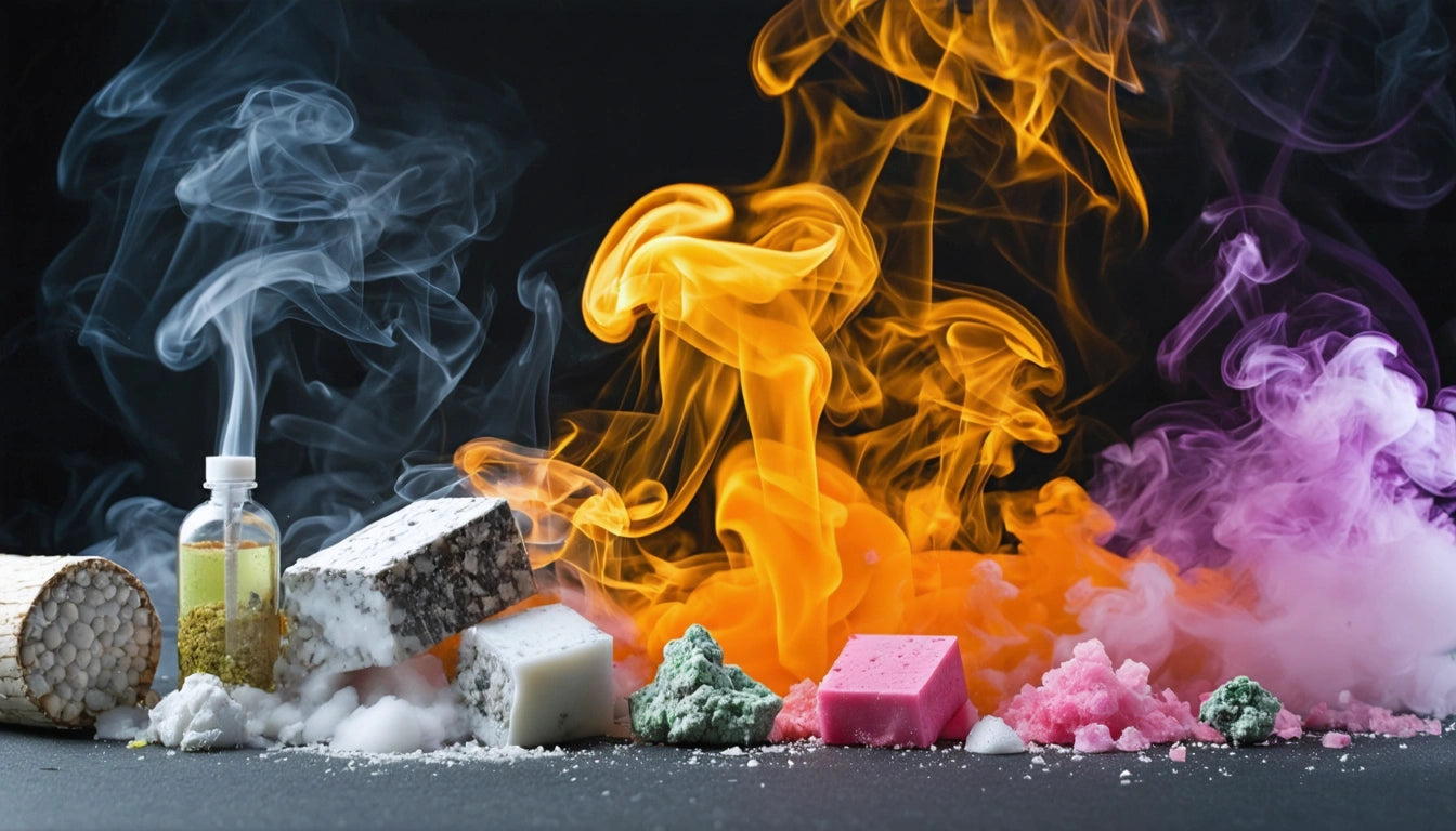 Colorful smoke swirls above various soaps and bath bombs on a dark surface