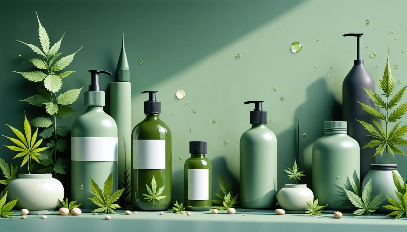 Green bottles with pumps and caps, surrounded by cannabis leaves and water droplets, on a green surface and background