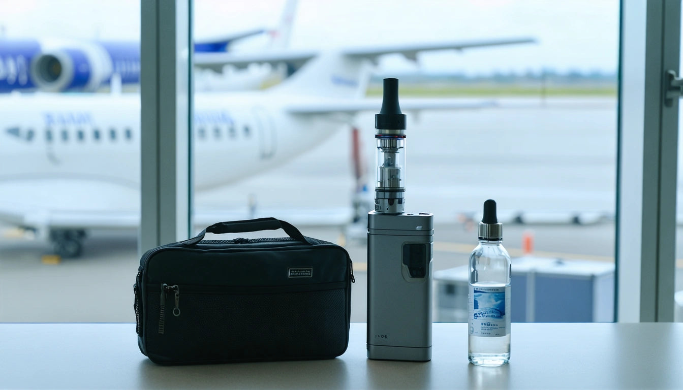 Black travel case, vape device, and clear liquid bottle on table; airplane visible through large window in background