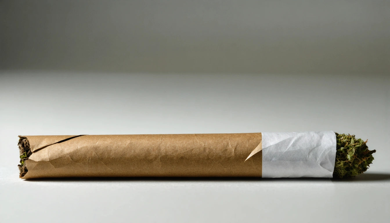 Brown rolled paper with white tip and green contents on a gray surface