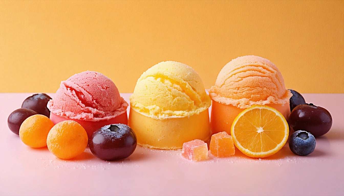 Three scoops of ice cream in pink, yellow, and orange, surrounded by plums, apricots, blueberries, and a half orange slice