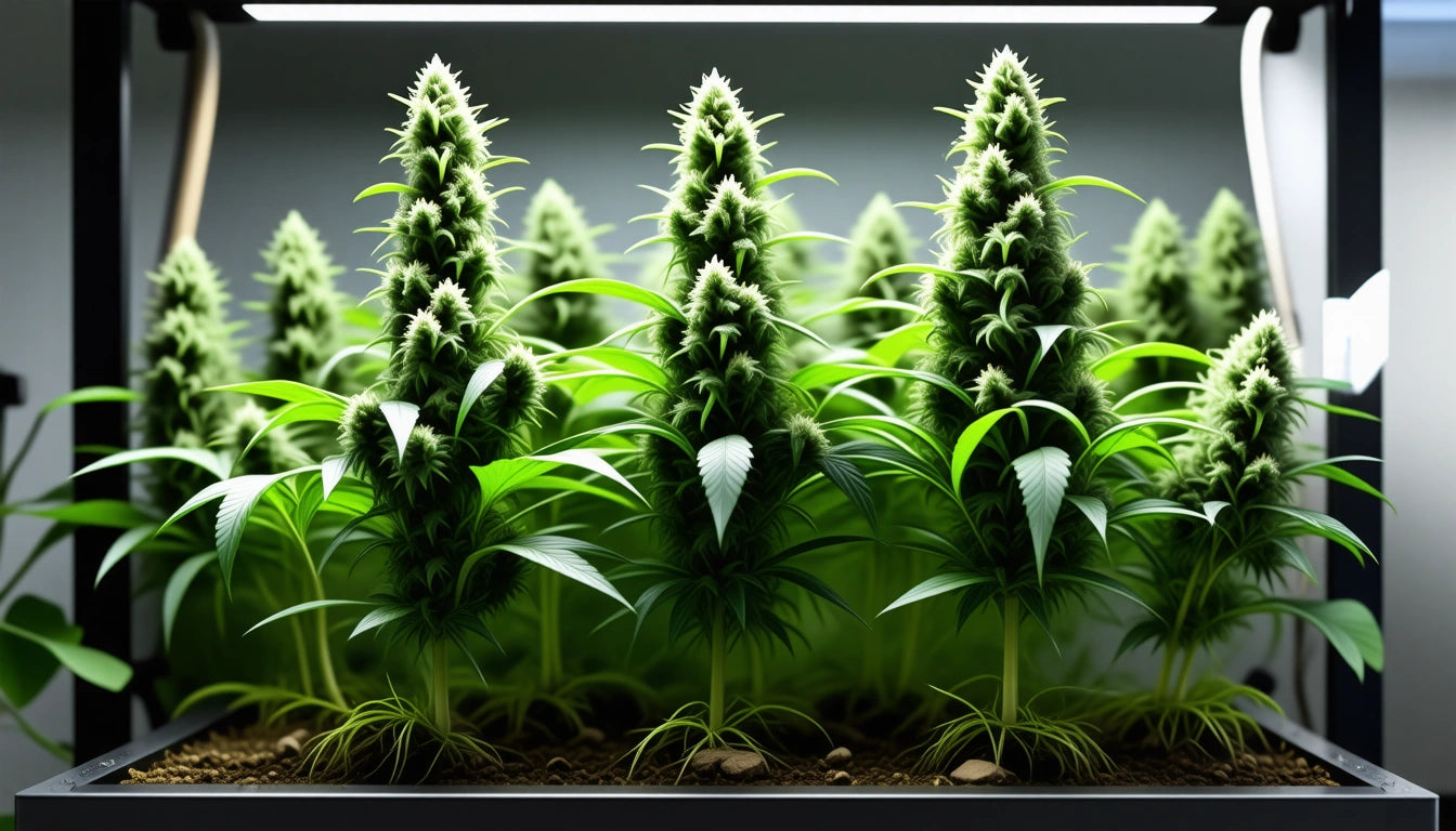 Dense green plants with spiky leaves under bright grow lights in a rectangular planter box