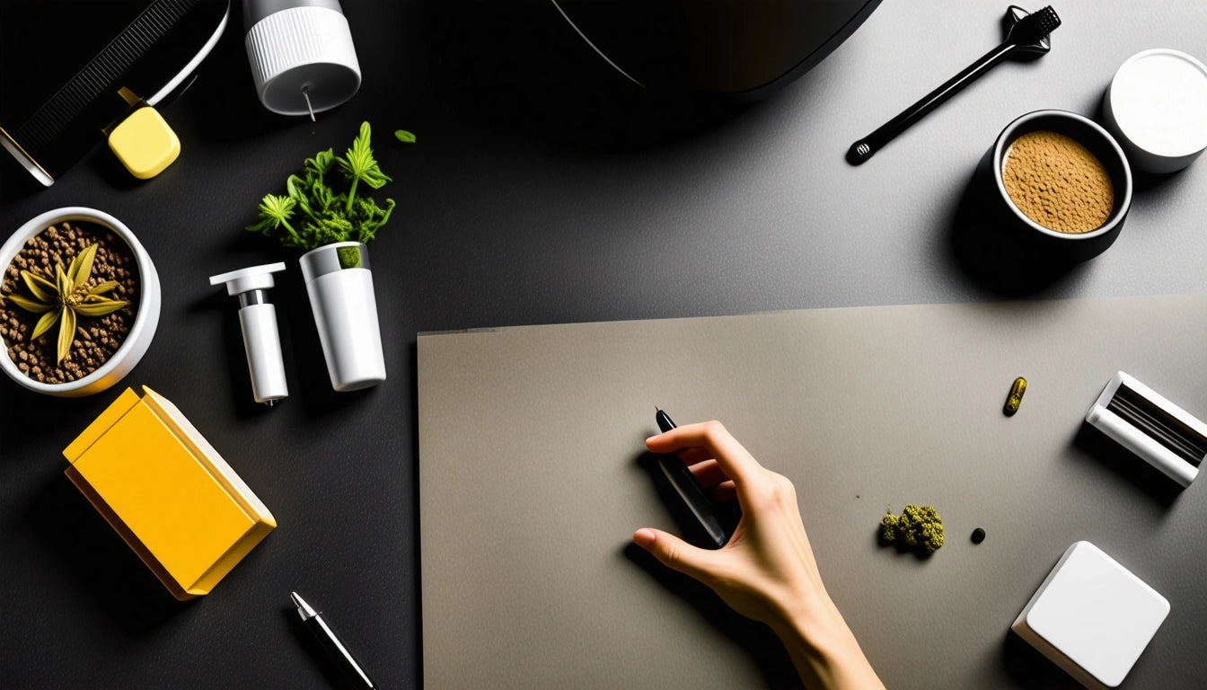 Hand holding a black pen on a gray surface, surrounded by potted plants, a coffee cup, a yellow box, and various desk items