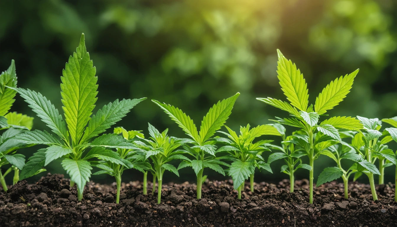 Row of young green plants with serrated leaves growing in dark soil, blurred green foliage in the background, sunlight filtering through