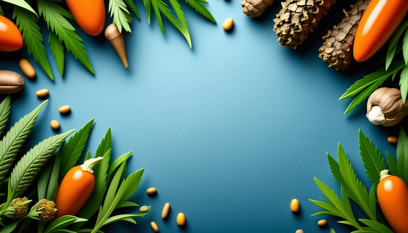 Green leaves, orange capsules, pine cones, and mushrooms border a blue background
