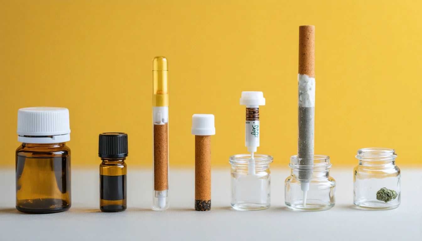 Various small jars and vials with brown and clear liquids, set against a yellow background