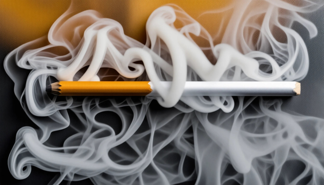 Broken pencil with orange and white halves surrounded by swirling white smoke on a dark background
