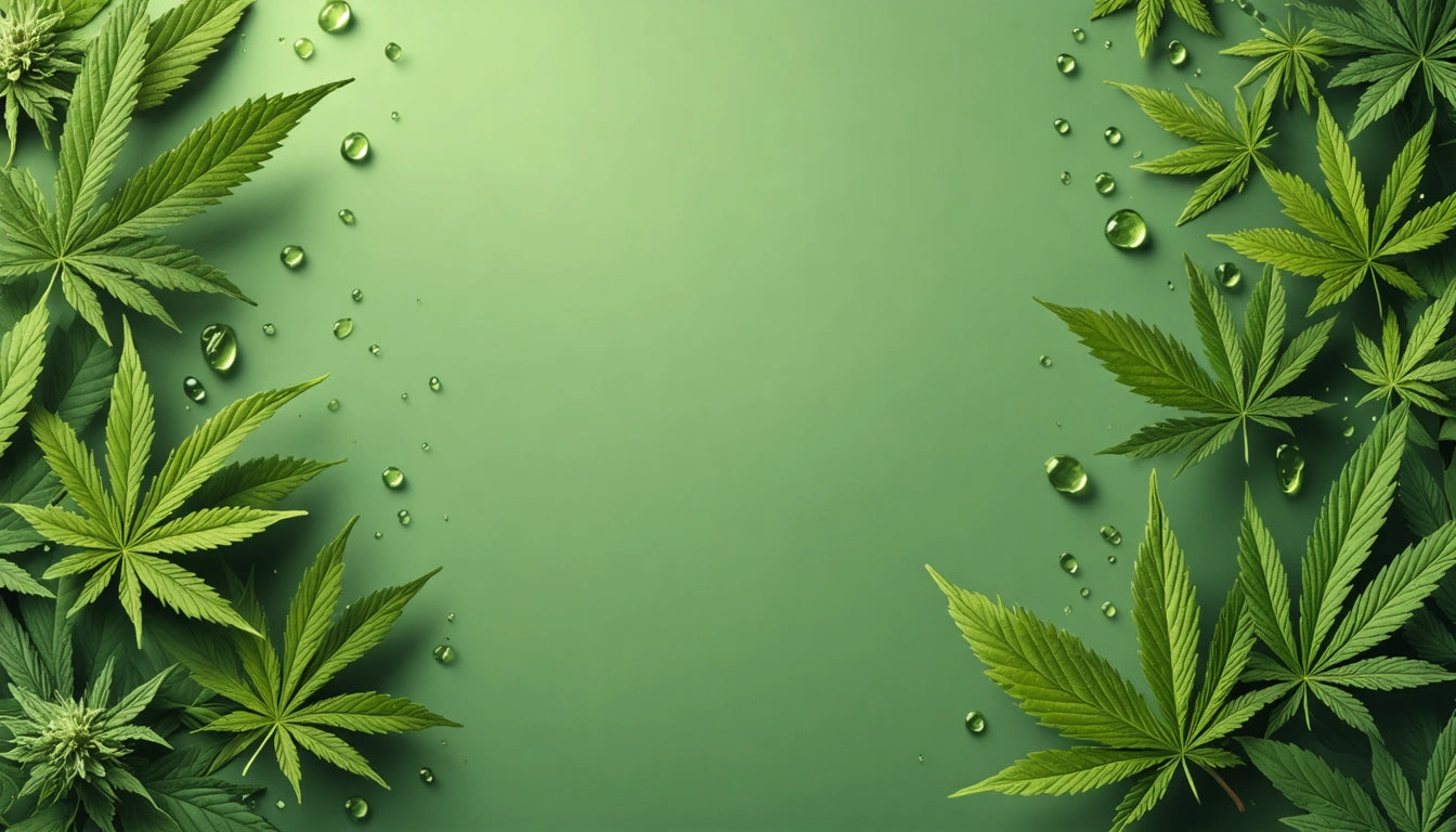 Green leaves and water droplets border a blank green background, with leaves in each corner and droplets scattered around