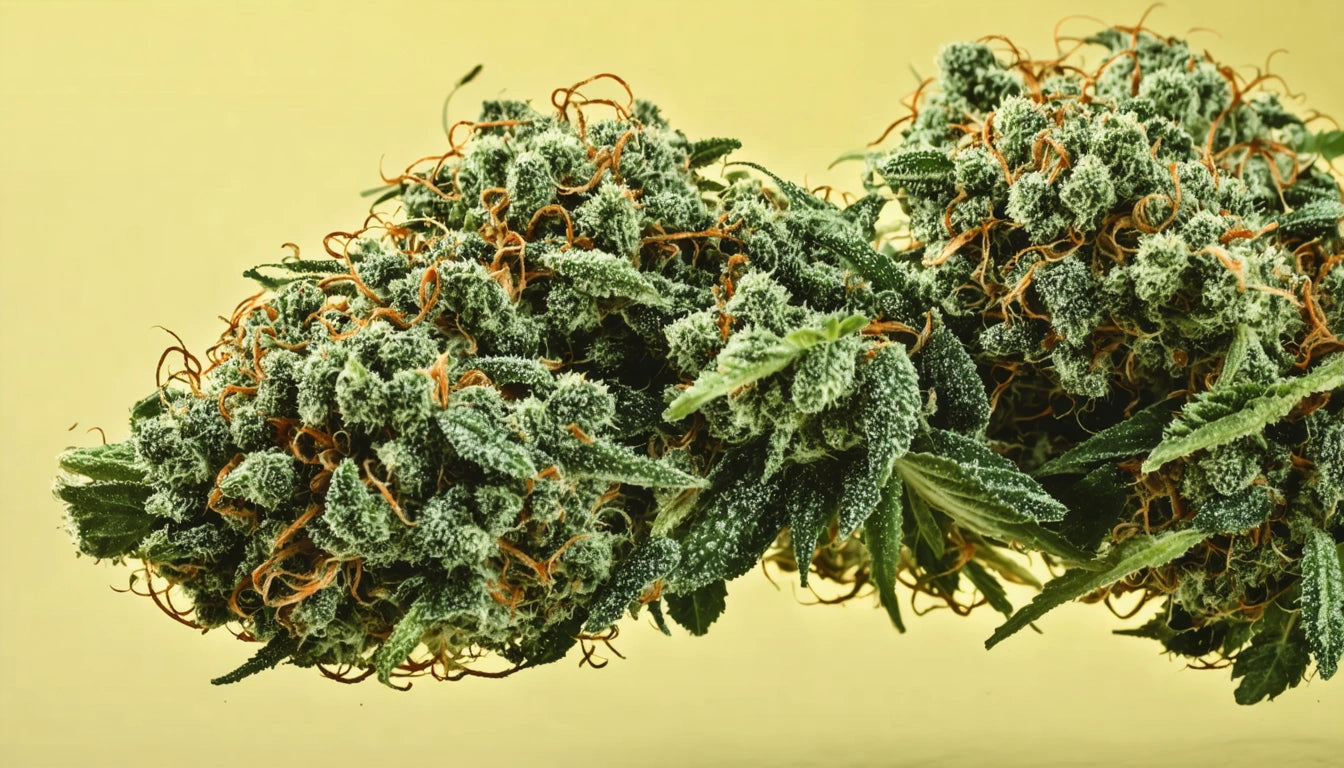 Dense cluster of green leaves and orange strands covered in white frost against a light yellow background