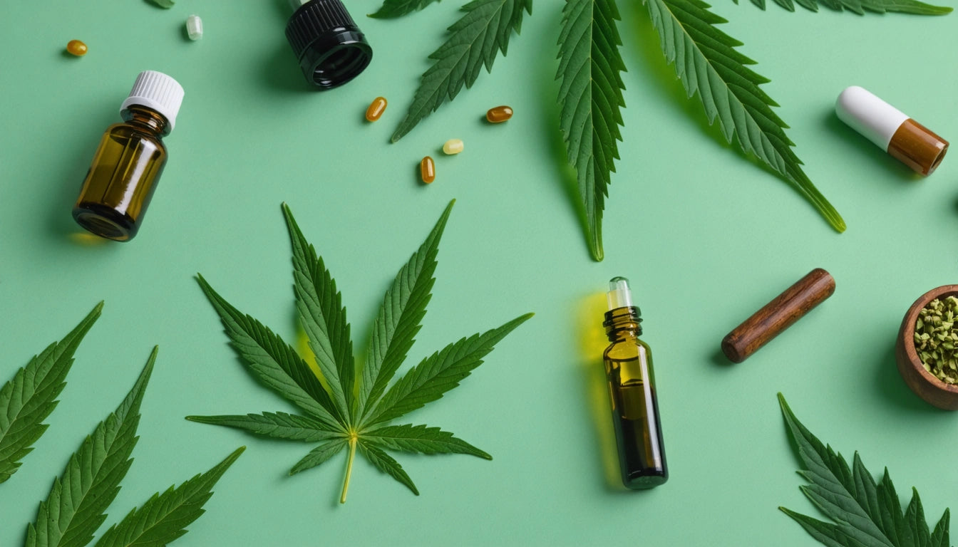 Cannabis leaves, glass bottles, capsules, and a small bowl on a green background