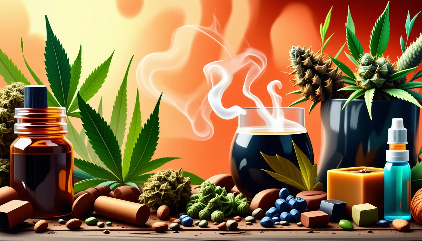 Glass cup with steam, cannabis leaves, buds, essential oil bottles, cinnamon sticks, berries, and a lit candle on a wooden surface