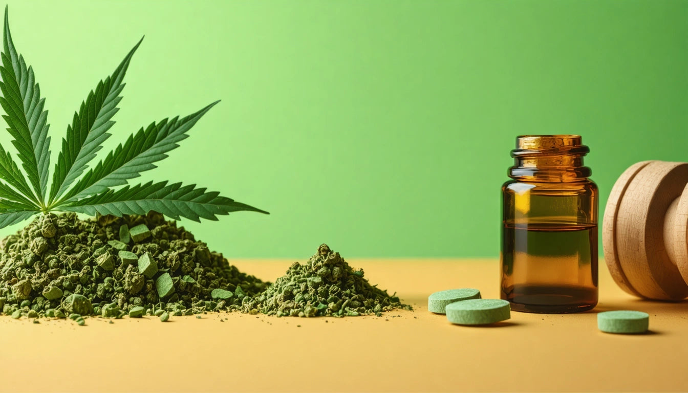 Green cannabis leaf, pile of green powder, green tablets, amber glass bottle with wooden lid on yellow and green background